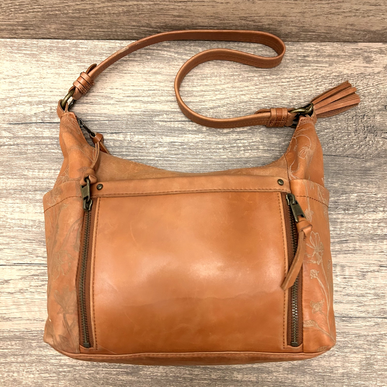 The Sak Keira Teak Leaf Embossed Chestnut Leather Boho Bag